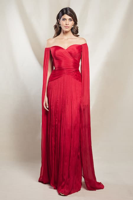 Brinda Sneha Red Chinon Plain Off Shoulder Neck Sara Pleated Ruched Gown 