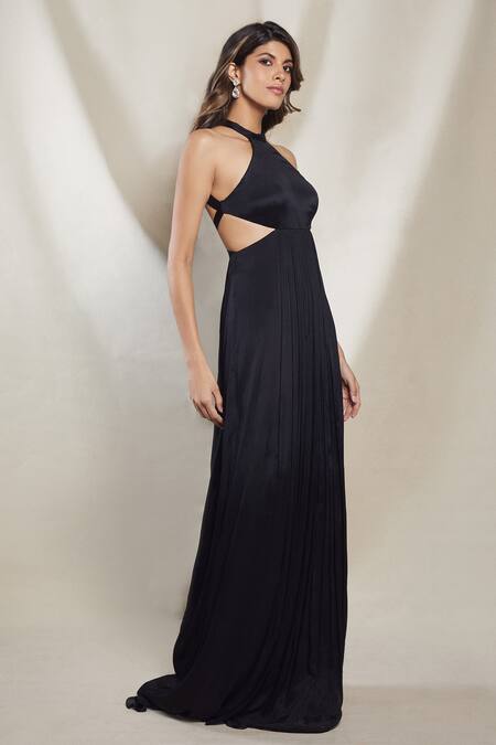 Brinda Sneha_Black Chinon Plain Halter Neck Serena Pleated Gown _Online_at_Aza_Fashions