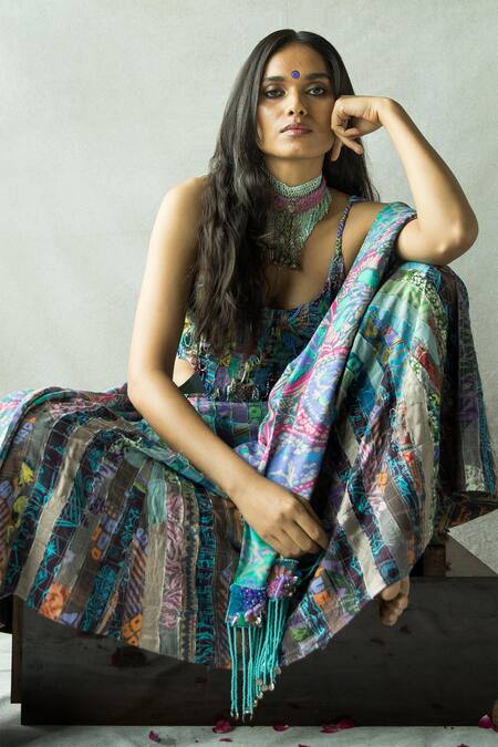 Doh Tak Keh_Multi Color Tencel, Modal Embroidery Jhalla Wallah Abstract Print Lehenga_Online_at_Aza_Fashions