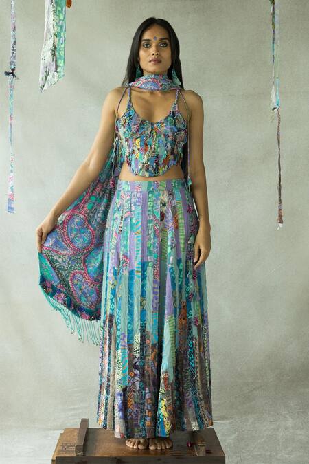 Buy_Doh Tak Keh_Multi Color Tencel, Modal Embroidery Jhalla Wallah Abstract Print Lehenga_Online_at_Aza_Fashions