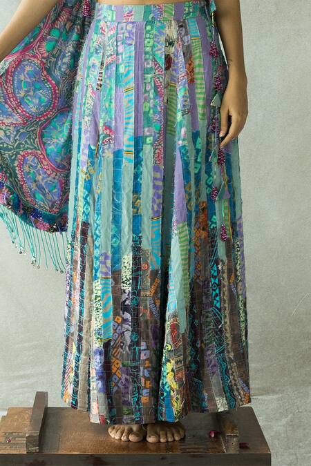 Shop_Doh Tak Keh_Multi Color Tencel, Modal Embroidery Jhalla Wallah Abstract Print Lehenga_Online_at_Aza_Fashions