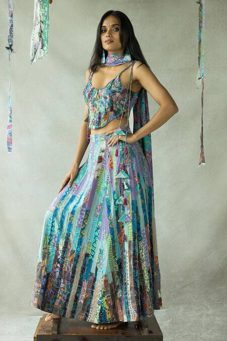Doh Tak Keh_Multi Color Tencel, Modal Embroidery Jhalla Wallah Abstract Print Lehenga_at_Aza_Fashions