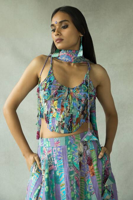 Doh Tak Keh_Multi Color Tencel, Modal Beads, Embroidery Jhallah Abstract Print Corset_Online_at_Aza_Fashions