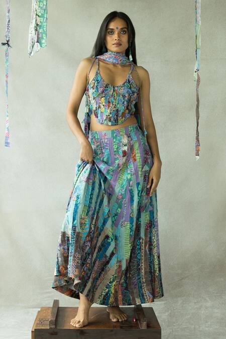 Shop_Doh Tak Keh_Multi Color Tencel, Modal Beads, Embroidery Jhallah Abstract Print Corset_Online_at_Aza_Fashions