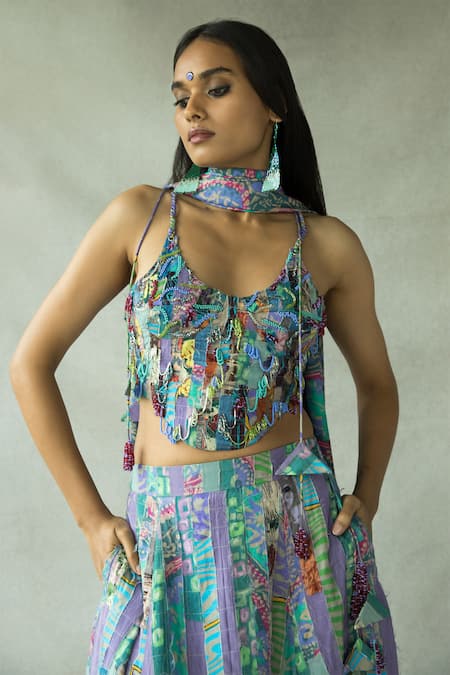 Doh Tak Keh Multi Color Tencel, Modal Beads, Jhalla Wallah Abstract Print Lehenga Set Online at Aza Fashions Doh Tak Keh_Multi Color Tencel, Modal Beads, Jhalla Wallah Abstract Print Lehenga Set_Online_at_Aza_Fashions