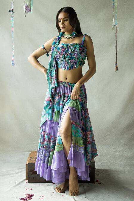 Buy_Doh Tak Keh_Purple Crepe Sequins, Beads, Abstract Print Thigh-high Slit Lehenga Set_Online_at_Aza_Fashions