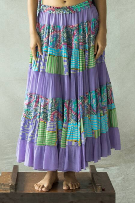 Shop_Doh Tak Keh_Purple Crepe Sequins, Beads, Abstract Print Thigh-high Slit Lehenga Set_Online_at_Aza_Fashions