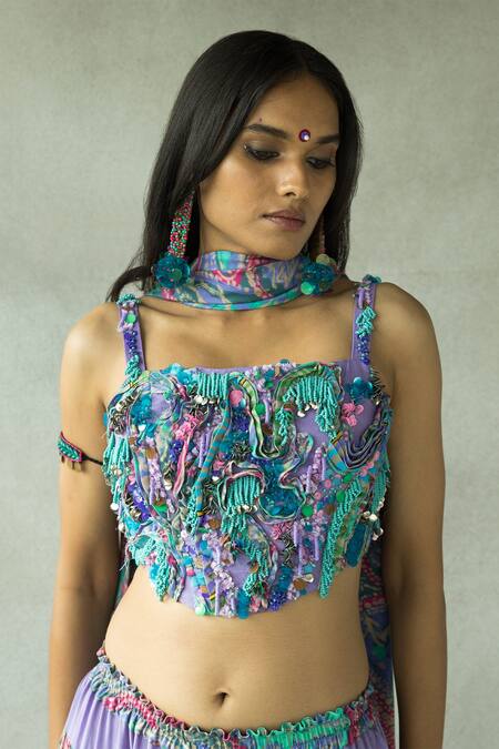 Buy_Doh Tak Keh_Purple Crepe Sequins, Beads, Abstract Print Thigh-high Slit Lehenga Set