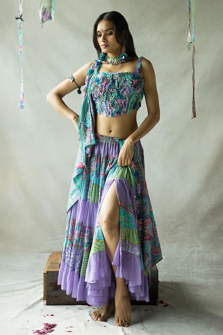 DOH TAK KEH Jhilmil Abstract Print Thigh-High Slit Lehenga 