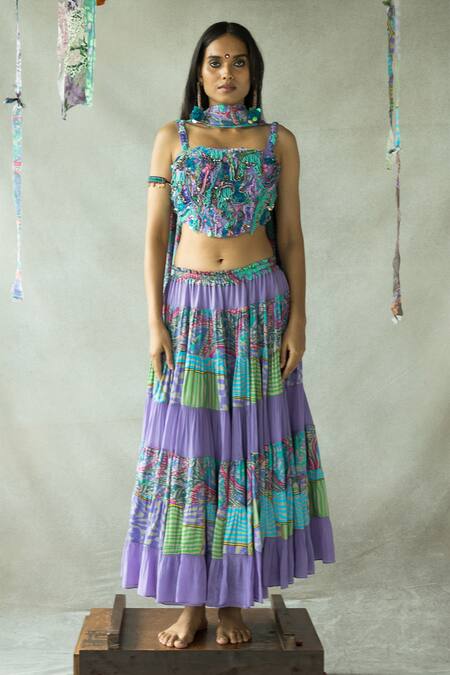 Doh Tak Keh Purple Chiffon, Crepe Jhilmil Abstract Print Thigh-high Slit Lehenga Online at Aza Fashions Doh Tak Keh_Purple Chiffon, Crepe Jhilmil Abstract Print Thigh-high Slit Lehenga_Online_at_Aza_Fashions