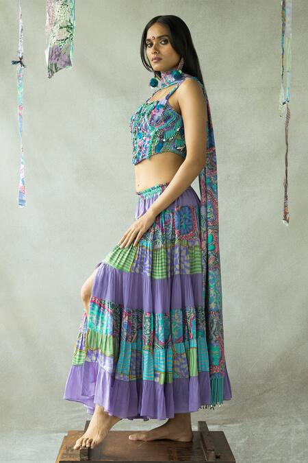 Shop Doh Tak Keh Purple Chiffon, Crepe Jhilmil Abstract Print Thigh-high Slit Lehenga Online at Aza Fashions Shop_Doh Tak Keh_Purple Chiffon, Crepe Jhilmil Abstract Print Thigh-high Slit Lehenga_Online_at_Aza_Fashions