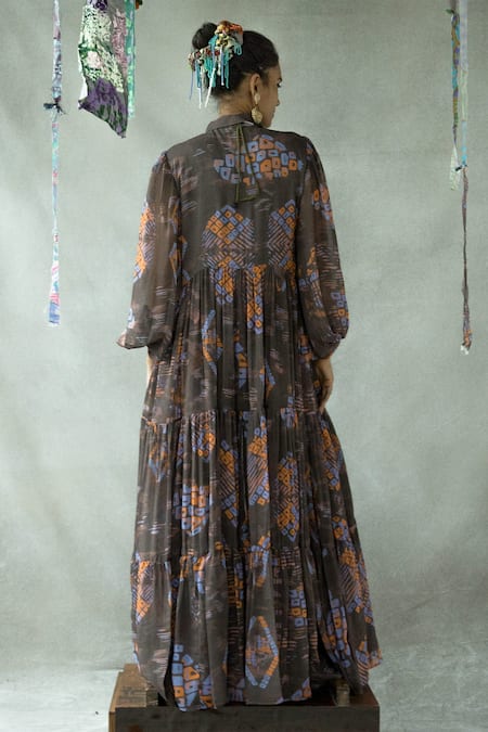 Shop Doh Tak Keh Brown Georgette Collared Jugni Abstract Print Tiered Shirt at Aza Fashions Shop_Doh Tak Keh_Brown Georgette Collared Jugni Abstract Print Tiered Shirt_at_Aza_Fashions