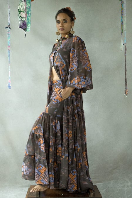 Doh Tak Keh Brown Georgette Collared Jugni Abstract Print Tiered Shirt Online at Aza Fashions Doh Tak Keh_Brown Georgette Collared Jugni Abstract Print Tiered Shirt_Online_at_Aza_Fashions