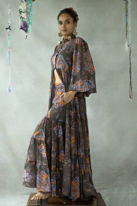 Doh Tak Keh Brown Georgette Printed Abstract Jugni Sharara Online at Aza Fashions Doh Tak Keh_Brown Georgette Printed Abstract Jugni Sharara _Online_at_Aza_Fashions