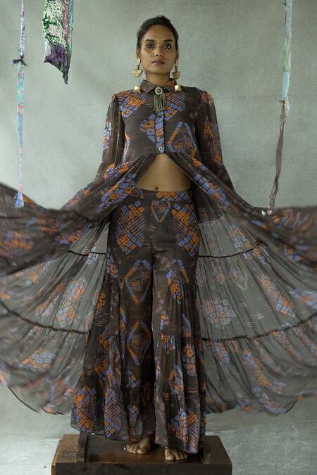 Shop_Doh Tak Keh_Brown Georgette Collared Jugni Abstract Print Shirt And Sharara Set_Online_at_Aza_Fashions