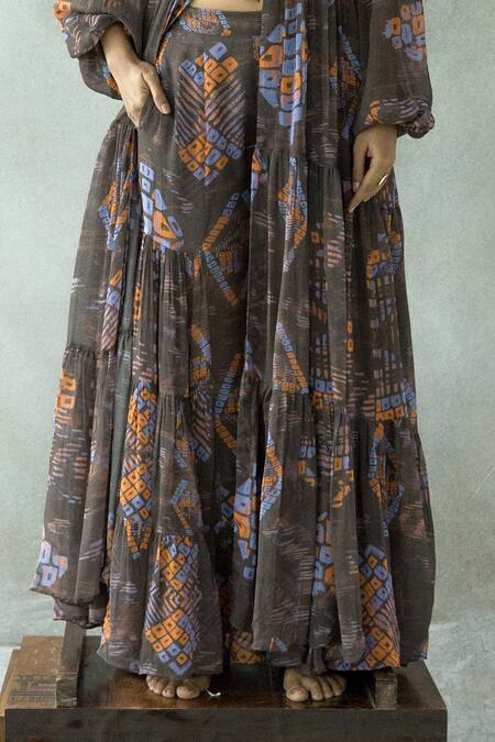 Doh Tak Keh_Brown Georgette Collared Jugni Abstract Print Shirt And Sharara Set_at_Aza_Fashions