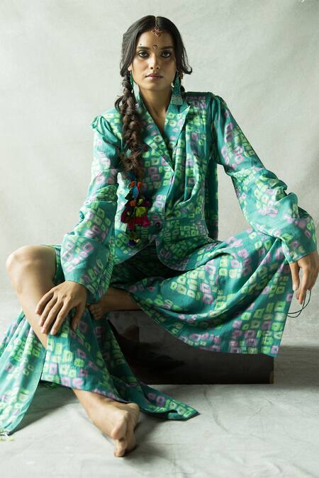 Doh Tak Keh Blue Silk Munni Abstract Print Blazer Online at Aza Fashions Doh Tak Keh_Blue Silk Munni Abstract Print Blazer_Online_at_Aza_Fashions