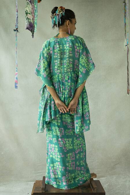 Shop Doh Tak Keh Blue Silk V-neck Munni Abstract Print Kaftan And Skirt Set at Aza Fashions Shop_Doh Tak Keh_Blue Silk V-neck Munni Abstract Print Kaftan And Skirt Set_at_Aza_Fashions