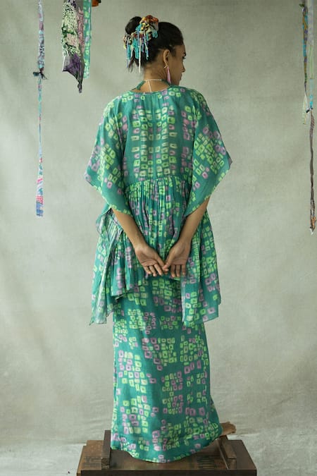 Shop_Doh Tak Keh_Blue Silk V-neck Munni Abstract Print Kaftan _at_Aza_Fashions