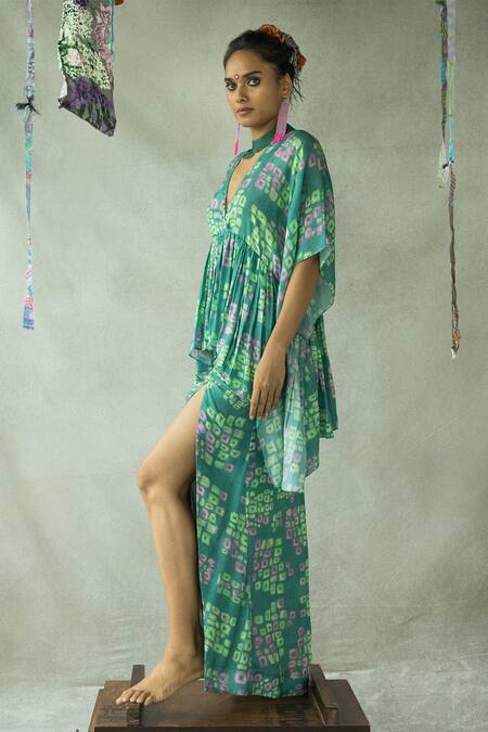 Doh Tak Keh_Blue Silk V-neck Munni Abstract Print Kaftan _Online_at_Aza_Fashions