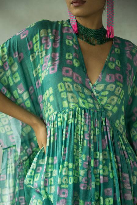 Shop_Doh Tak Keh_Blue Silk V-neck Munni Abstract Print Kaftan _Online_at_Aza_Fashions