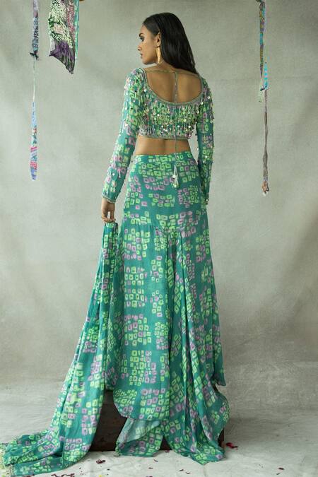 Shop Doh Tak Keh Blue Silk, Bamboo Sequins, Beads Square Neck Munni Abstract Print Lehenga Set at Aza Fashions Shop_Doh Tak Keh_Blue Silk, Bamboo Sequins, Beads Square Neck Munni Abstract Print Lehenga Set_at_Aza_Fashions