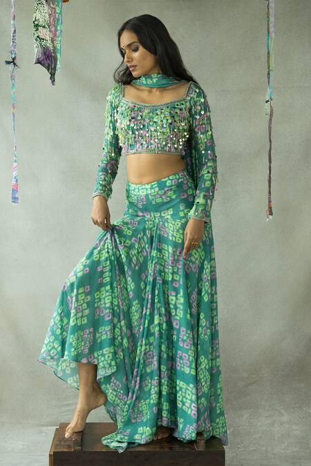 Buy Doh Tak Keh Blue Silk, Bamboo Sequins, Beads Square Neck Munni Abstract Print Lehenga Set Online at Aza Fashions Buy_Doh Tak Keh_Blue Silk, Bamboo Sequins, Beads Square Neck Munni Abstract Print Lehenga Set_Online_at_Aza_Fashions