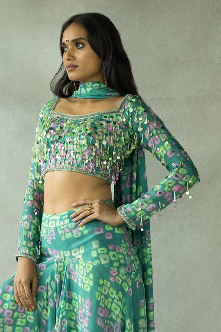 Shop Doh Tak Keh Blue Silk, Bamboo Sequins, Beads Square Neck Munni Abstract Print Lehenga Set Online at Aza Fashions Shop_Doh Tak Keh_Blue Silk, Bamboo Sequins, Beads Square Neck Munni Abstract Print Lehenga Set_Online_at_Aza_Fashions