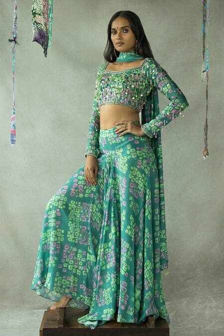 Doh Tak Keh Blue Silk, Bamboo Sequins, Beads Square Neck Munni Abstract Print Lehenga Set at Aza Fashions Doh Tak Keh_Blue Silk, Bamboo Sequins, Beads Square Neck Munni Abstract Print Lehenga Set_at_Aza_Fashions