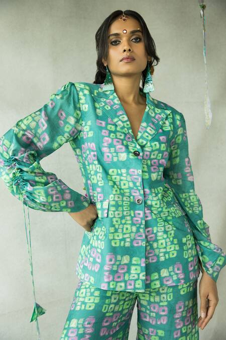 Doh Tak Keh_Blue Silk Munni Abstract Print Blazer And Pant Set_at_Aza_Fashions
