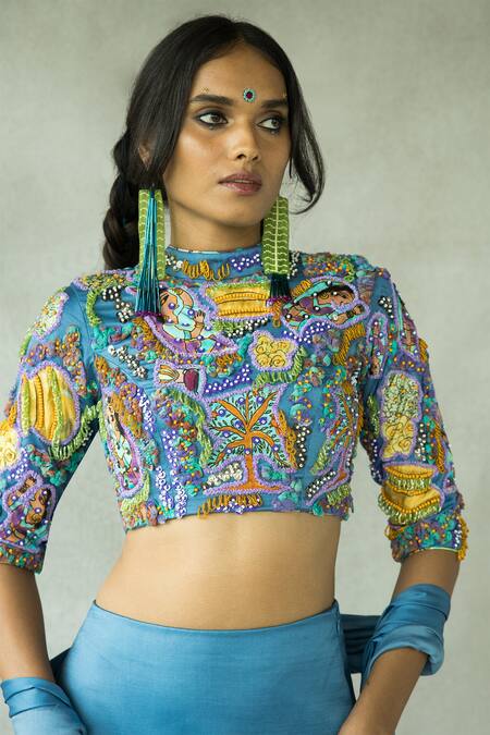 Doh Tak Keh_Blue Cupro Satin Printed Abstract High Rasiley Hand Embroidered Blouse  _Online_at_Aza_Fashions