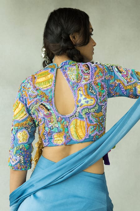 Shop_Doh Tak Keh_Blue Cupro Satin Printed Abstract High Rasiley Hand Embroidered Blouse  _at_Aza_Fashions