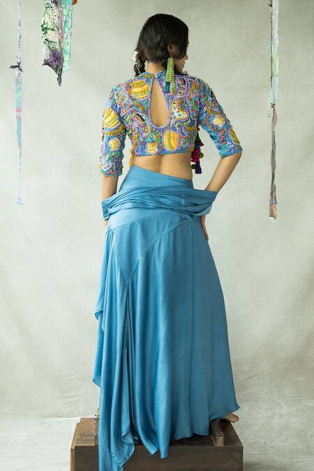 Shop_Doh Tak Keh_Blue Cupro Satin Printed Abstract High Rasiley Hand Embroidered Blouse  _Online_at_Aza_Fashions