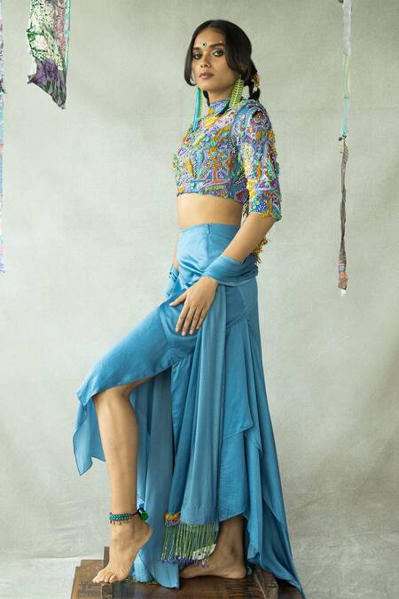 Doh Tak Keh_Blue Cupro Satin Printed Abstract High Rasiley Hand Embroidered Blouse  _at_Aza_Fashions