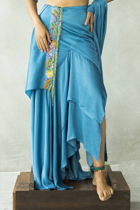 Buy_Doh Tak Keh_Blue , Cotton Beads, Embroidery High Rasiley Hand Blouse Lehenga Set_Online_at_Aza_Fashions