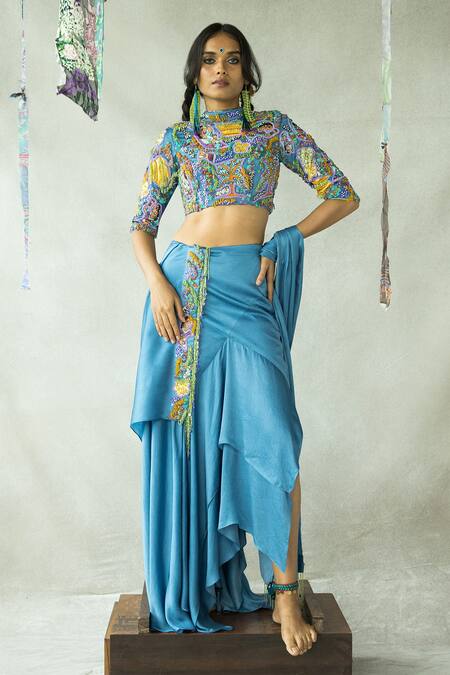 Shop_Doh Tak Keh_Blue , Cotton Beads, Embroidery High Rasiley Hand Blouse Lehenga Set_Online_at_Aza_Fashions