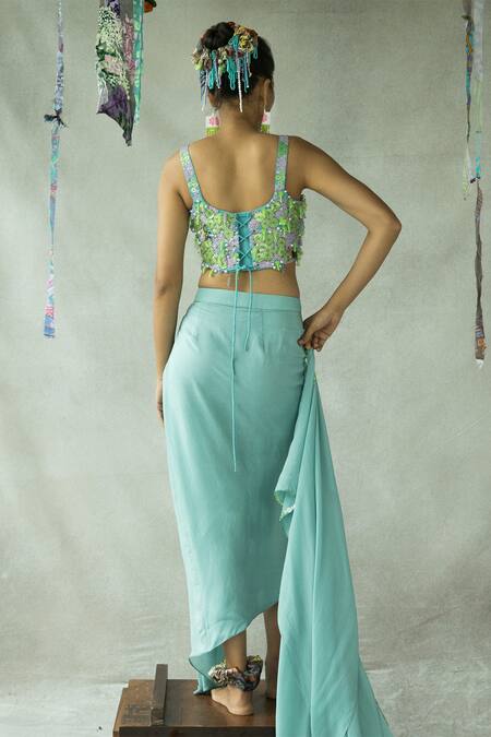 Doh Tak Keh Blue Crepe Sequins, Beads, Embroidery Square Neck Dusty Teal Hand Lehenga Set Online at Aza Fashions Doh Tak Keh_Blue Crepe Sequins, Beads, Embroidery Square Neck Dusty Teal Hand Lehenga Set_Online_at_Aza_Fashions