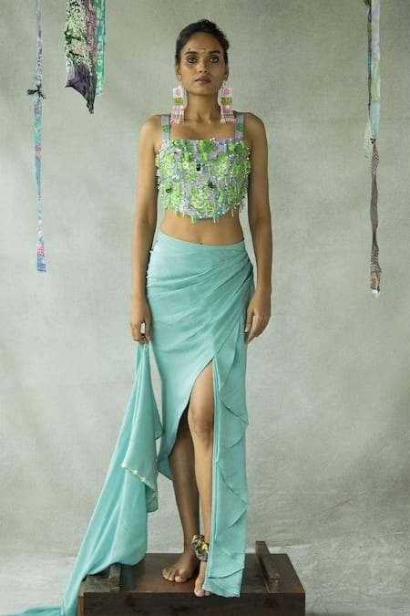 Buy Doh Tak Keh Blue Crepe Sequins, Beads, Embroidery Square Neck Dusty Teal Hand Lehenga Set Online at Aza Fashions Buy_Doh Tak Keh_Blue Crepe Sequins, Beads, Embroidery Square Neck Dusty Teal Hand Lehenga Set_Online_at_Aza_Fashions