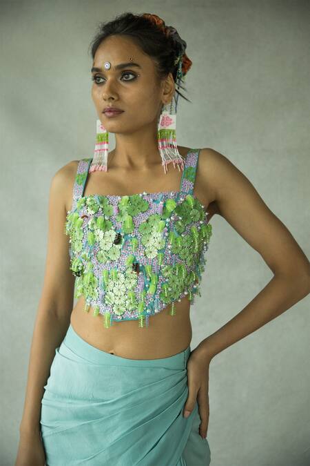 Shop Doh Tak Keh Blue Crepe Sequins, Beads, Embroidery Square Neck Dusty Teal Hand Lehenga Set Online at Aza Fashions Shop_Doh Tak Keh_Blue Crepe Sequins, Beads, Embroidery Square Neck Dusty Teal Hand Lehenga Set_Online_at_Aza_Fashions