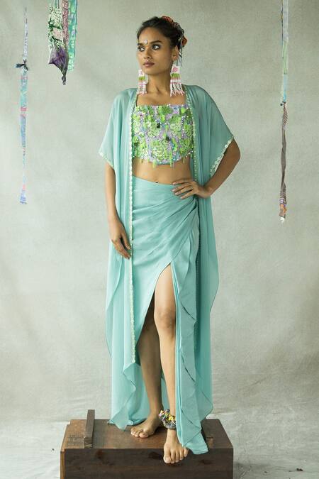Doh Tak Keh_Blue Crepe Embroidery, Sequins Square Neck Shona Hand Corset_at_Aza_Fashions