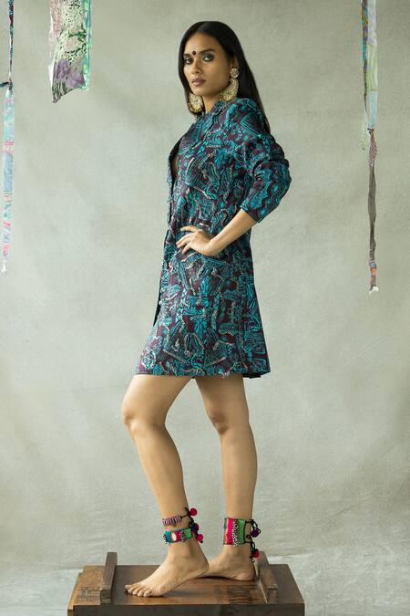 Buy_Doh Tak Keh_Brown Satin Collared Bijlee Printed Blazer Dress_Online_at_Aza_Fashions