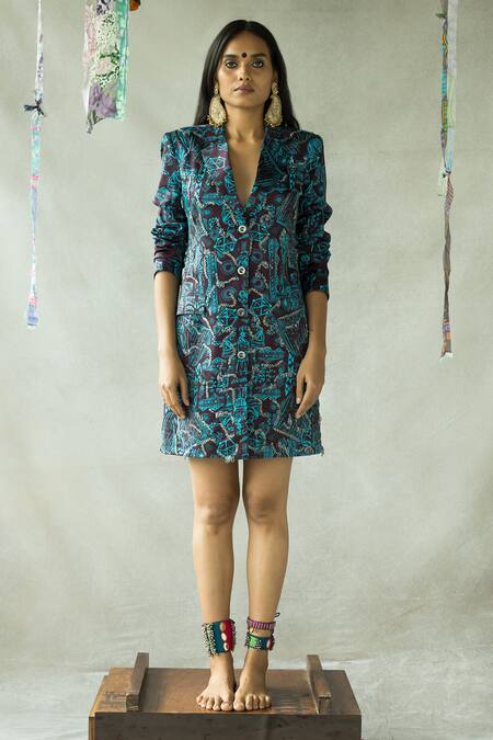 Shop_Doh Tak Keh_Brown Satin Collared Bijlee Printed Blazer Dress_Online_at_Aza_Fashions