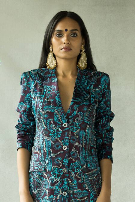 Doh Tak Keh_Brown Satin Collared Bijlee Printed Blazer Dress_at_Aza_Fashions