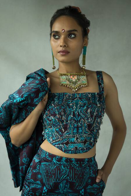 Doh Tak Keh_Brown Beads, Embroidery Square Neck Bijlee Embellished Corset_Online_at_Aza_Fashions