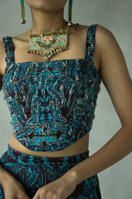 Buy_Doh Tak Keh_Brown Beads, Embroidery Square Neck Bijlee Embellished Corset_Online_at_Aza_Fashions