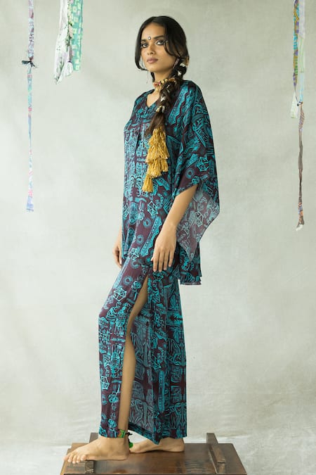Doh Tak Keh_Brown V-neck Aquamarine Printed Asymmetric Kaftan Pant Set_Online_at_Aza_Fashions