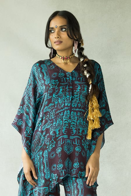 Buy_Doh Tak Keh_Brown V-neck Aquamarine Printed Asymmetric Kaftan Pant Set_Online_at_Aza_Fashions