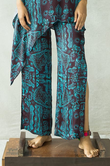 Shop_Doh Tak Keh_Brown V-neck Aquamarine Printed Asymmetric Kaftan Pant Set_Online_at_Aza_Fashions