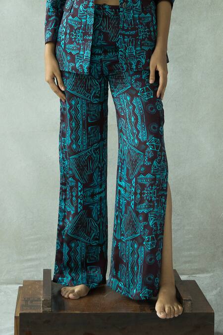 Doh Tak Keh_Brown Cotton Satin Bijlee Single Breasted Blazer Pant Set_Online_at_Aza_Fashions