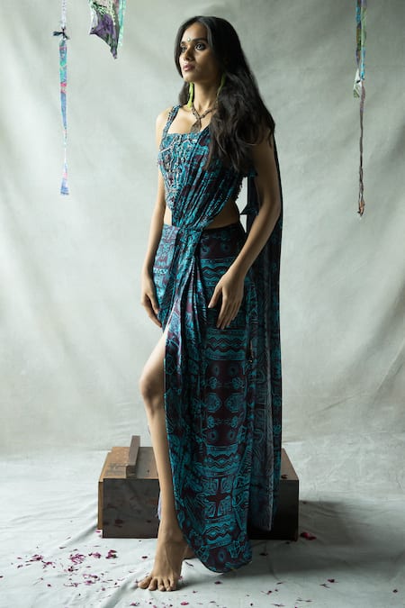 Doh Tak Keh Brown Cupro Satin Printed Bijlee Pre-draped Ruched Saree With Corset Online at Aza Fashions Doh Tak Keh_Brown Cupro Satin Printed Bijlee Pre-draped Ruched Saree With Corset _Online_at_Aza_Fashions